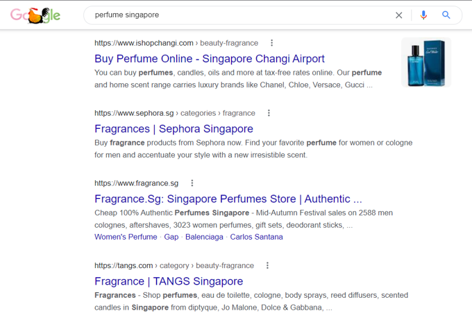 Google SERP Singapore for Perfume