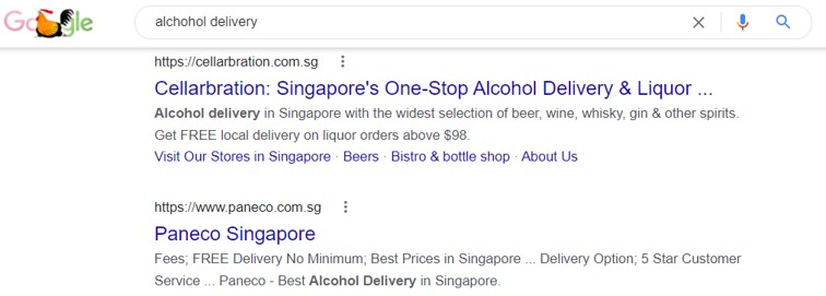 Sitelink in Google SERP Singapore for Alcohol Delivery 1