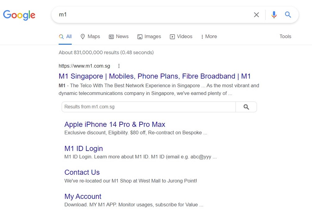 Sitelink in Google SERP for Singapore Top Telco M1